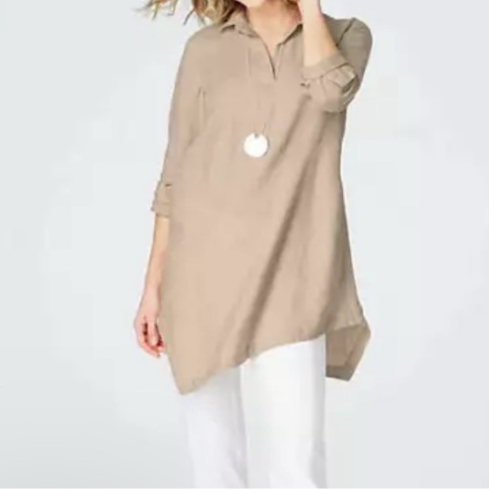J. Jill Love Linen flax/tan asymmetrical hem popover tunic top. Size Medium